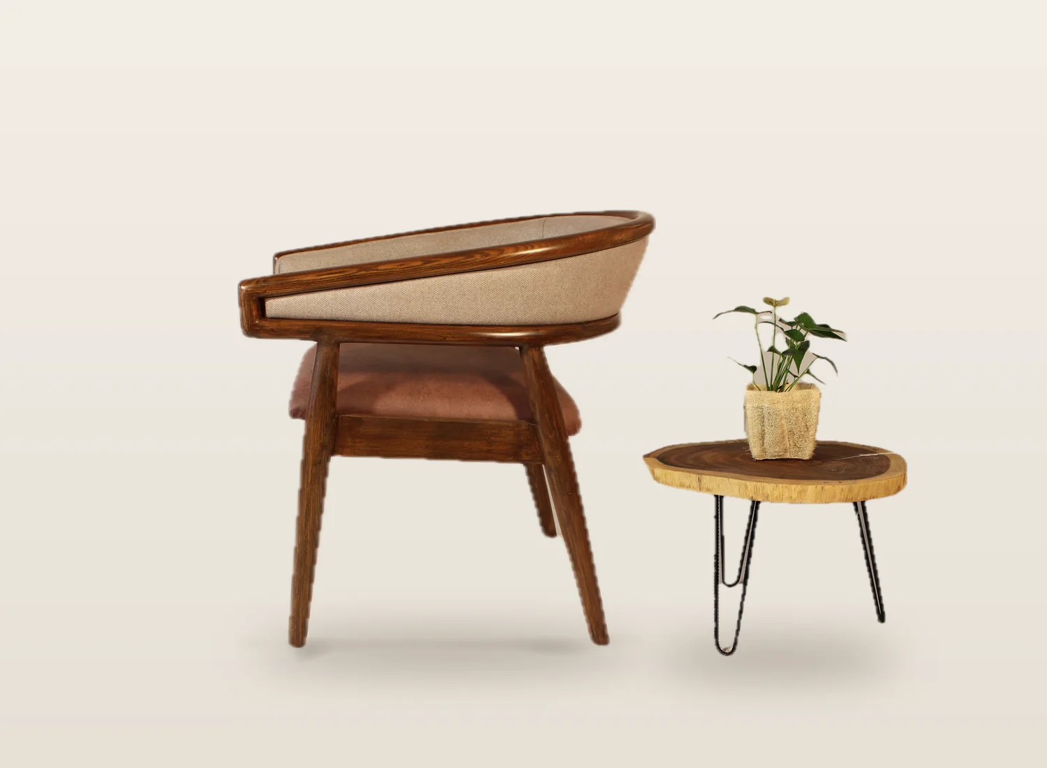 Curved-back tub chair beside a live-edge accent table
